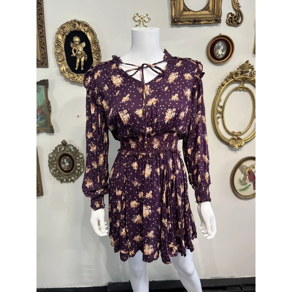 Angie Purple Floral Print Long Sleeve Smocked Waist Ruffle Mini Dress Size M